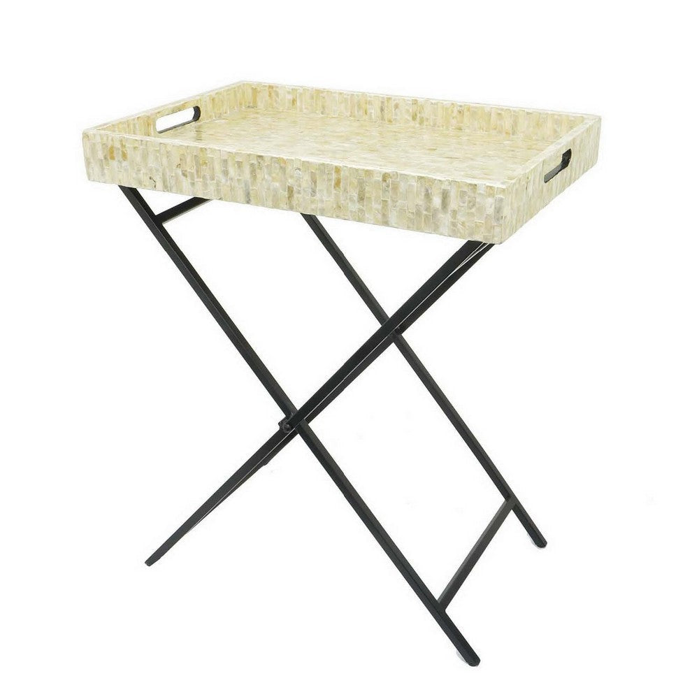 Dain 28 Inch Serving Tray Table Foldable Black Metal Stand White Finish By Casagear Home BM309822