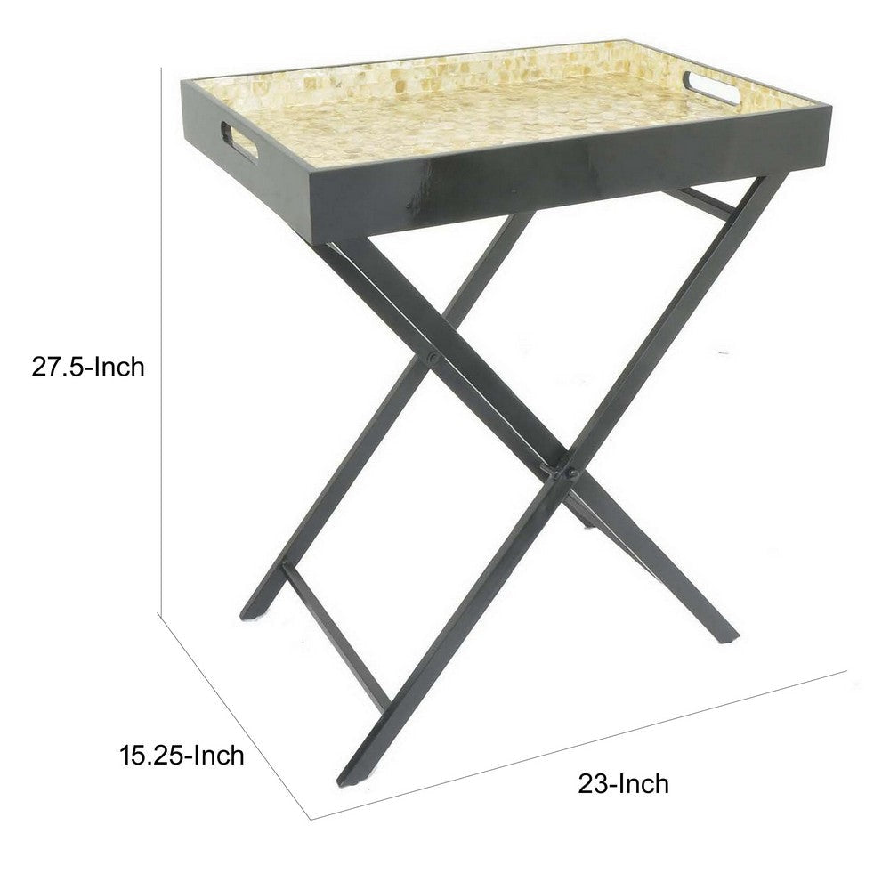 Dain 28 Inch Serving Tray Table Foldable Black Metal Stand Multicolor By Casagear Home BM309823