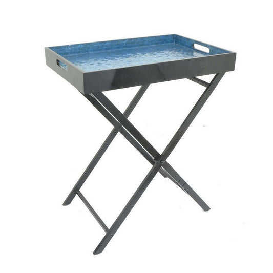 Dain 28 Inch Serving Tray Table, Foldable, Black Metal Stand, Blue Finish By Casagear Home