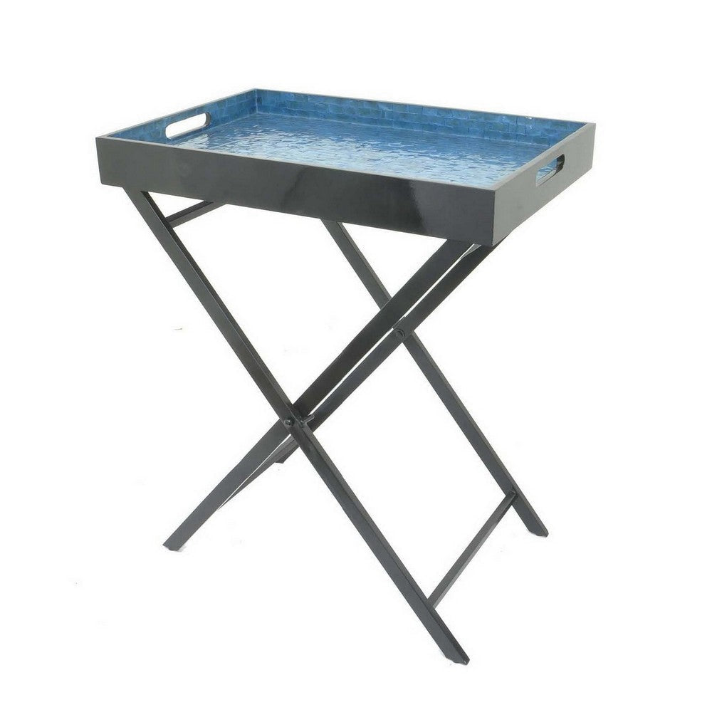 Dain 28 Inch Serving Tray Table Foldable Black Metal Stand Blue Finish By Casagear Home BM309824