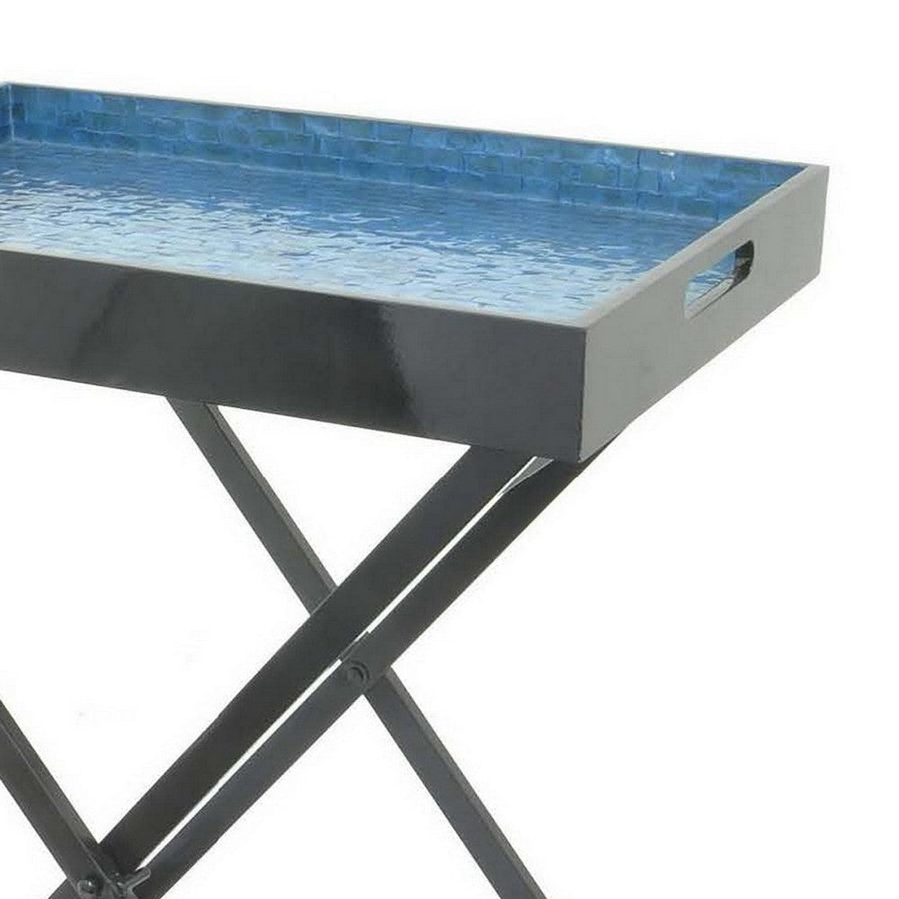 Dain 28 Inch Serving Tray Table Foldable Black Metal Stand Blue Finish By Casagear Home BM309824