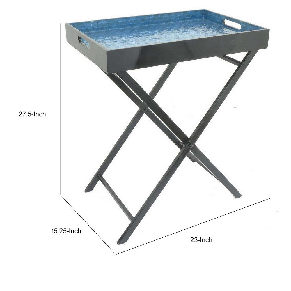 Dain 28 Inch Serving Tray Table Foldable Black Metal Stand Blue Finish By Casagear Home BM309824