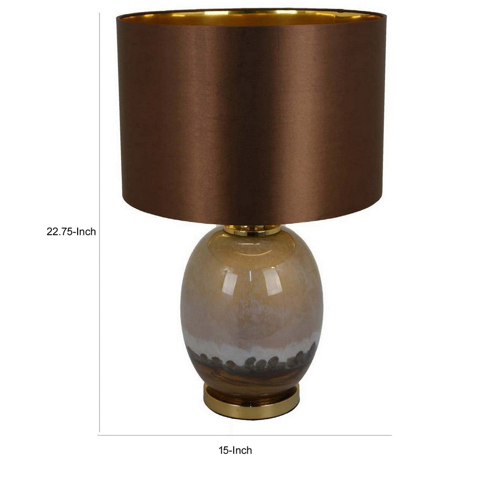 Gia 23 Inch Table Lamp Drum Shade Curved Round Glass Body Brown Finish By Casagear Home BM309826