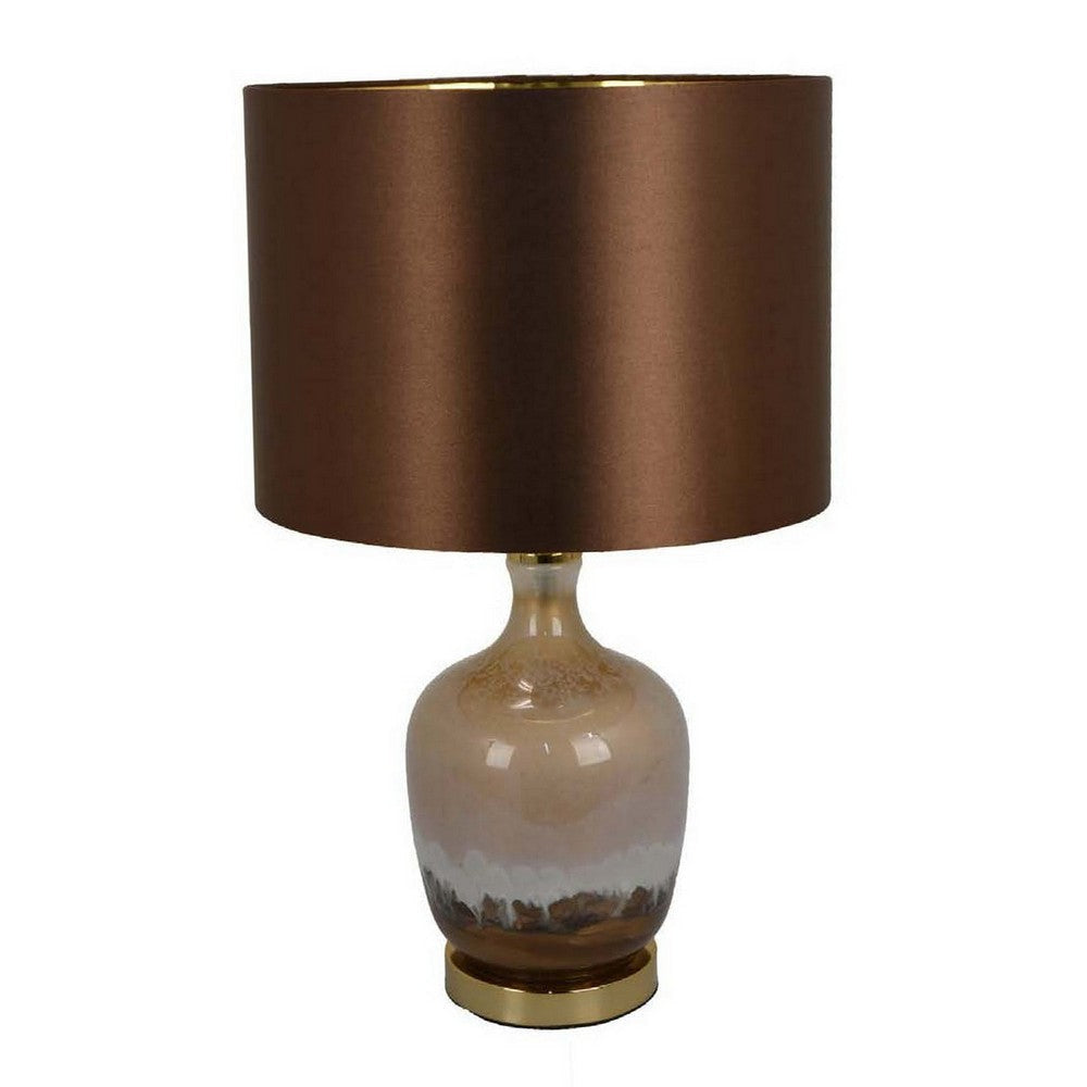 Gia 20 Inch Table Lamp, Drum Shade, Curved Round Glass Body, Brown Finish By Casagear Home