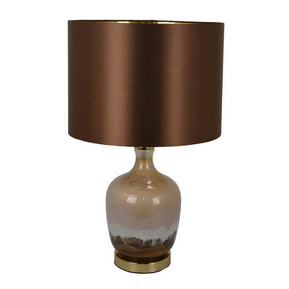 Gia 20 Inch Table Lamp Drum Shade Curved Round Glass Body Brown Finish By Casagear Home BM309827