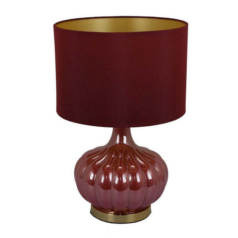 Gia 18 Inch Table Lamp, Drum Shade, Round Body with Vertical Ribs, Red By Casagear Home