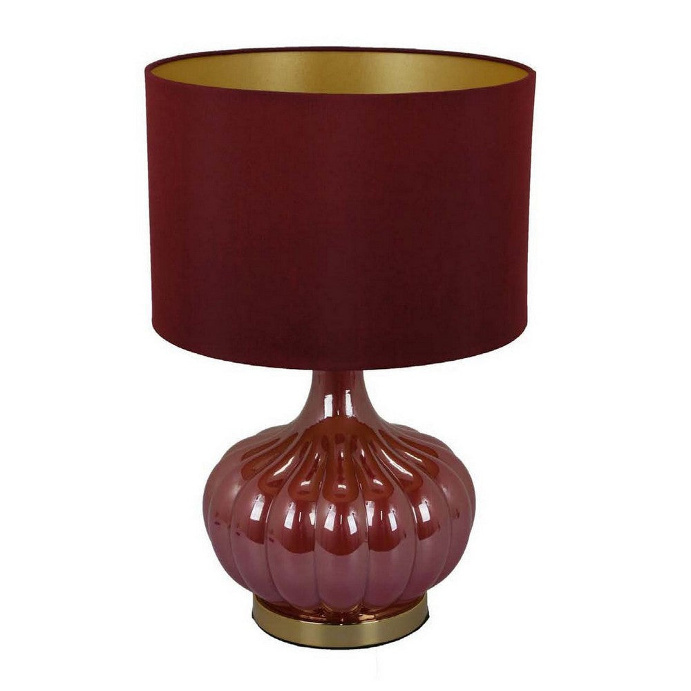 Gia 18 Inch Table Lamp Drum Shade Round Body with Vertical Ribs Red By Casagear Home BM309830