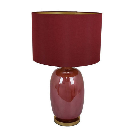 Gia 25 Inch Table Lamp, Drum Shade, Vase Shape Glass Body, Red Finish By Casagear Home