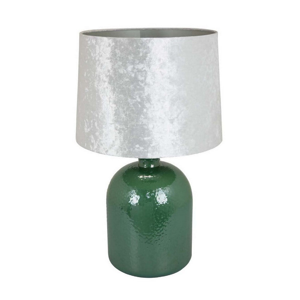 27 Inch Table Lamp, Drum Shade, Round Drop Shaped Glass Body, Green Finish By Casagear Home