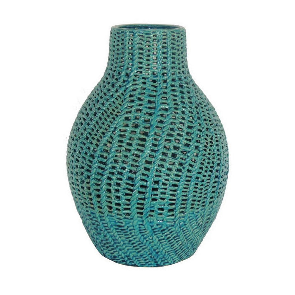 20 Inch Vase, Modern Ceramic Interlaced Woven Design, Curved, Teal Blue By Casagear Home