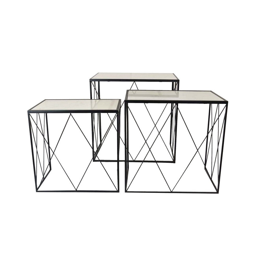 Plant Stands Set of 3 Geometric Open Metal Frame Glass Top Black Finish By Casagear Home BM309848