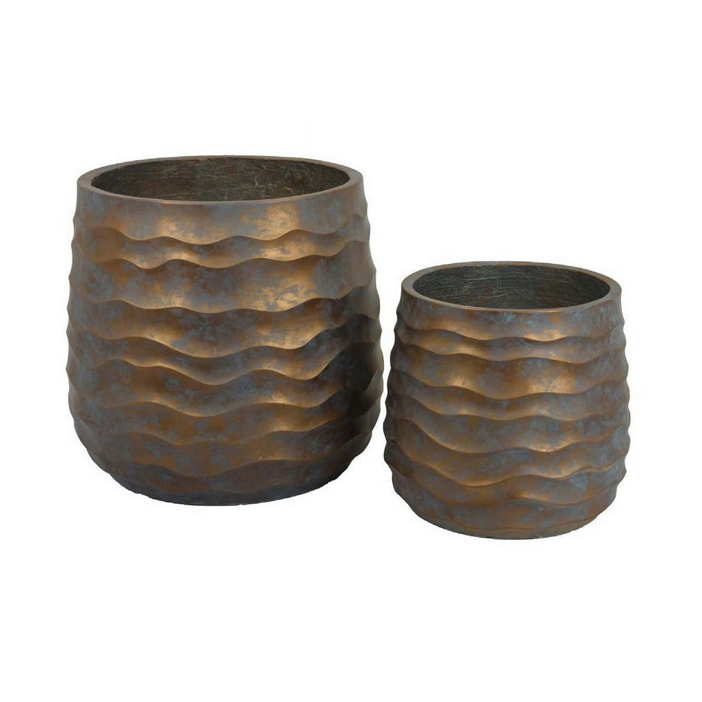 18 Inch Planter Set of 2 Wavy Design Indoor Outdoor Rustic Bronze Resin By Casagear Home BM309874