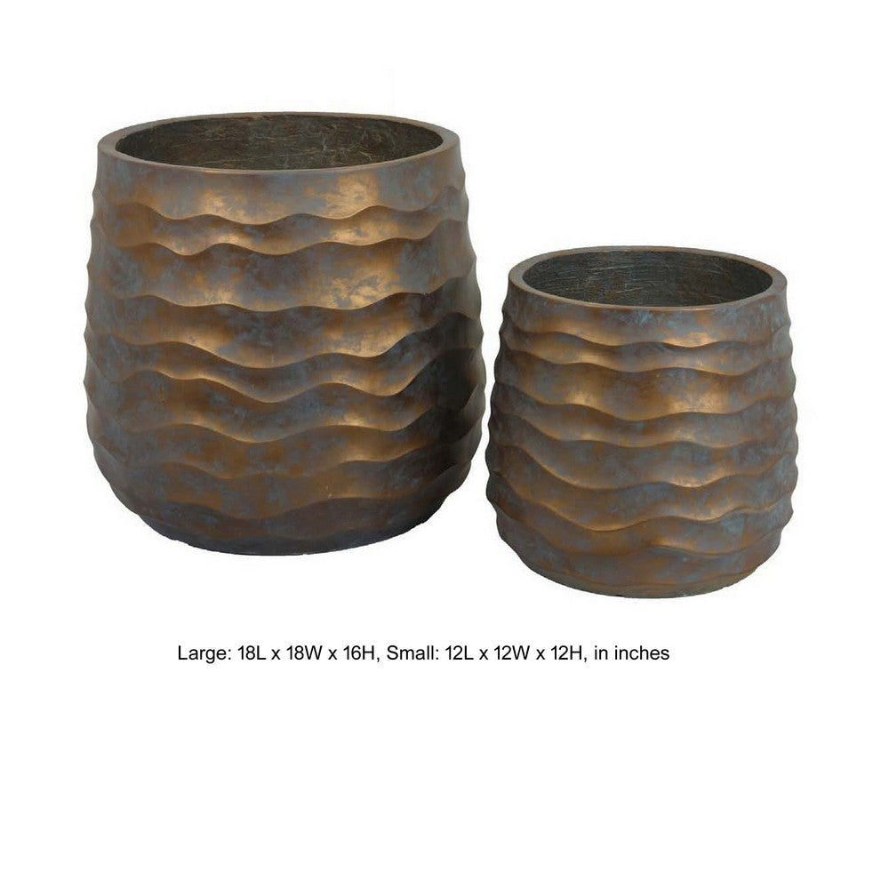 18 Inch Planter Set of 2 Wavy Design Indoor Outdoor Rustic Bronze Resin By Casagear Home BM309874