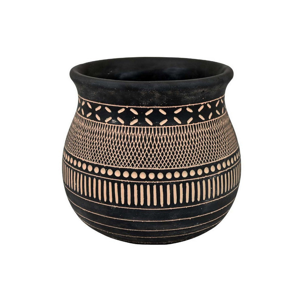 12 Inch Planter, Resin, Large Pot Shape, Tribal Design, Black and Beige By Casagear Home