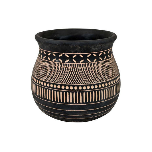 12 Inch Planter, Resin, Large Pot Shape, Tribal Design, Black and Beige By Casagear Home