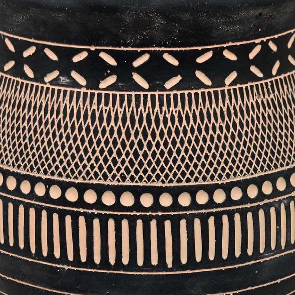 12 Inch Planter Resin Large Pot Shape Tribal Design Black and Beige By Casagear Home BM309883