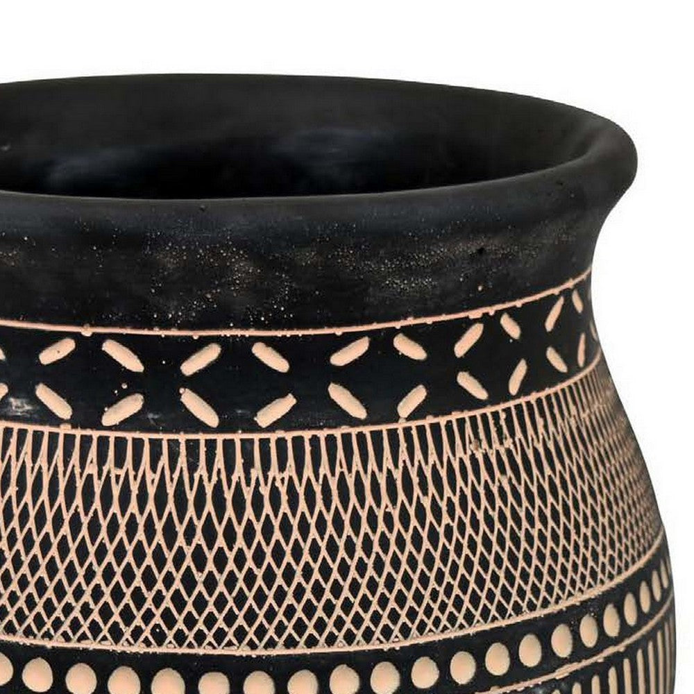 12 Inch Planter Resin Large Pot Shape Tribal Design Black and Beige By Casagear Home BM309883