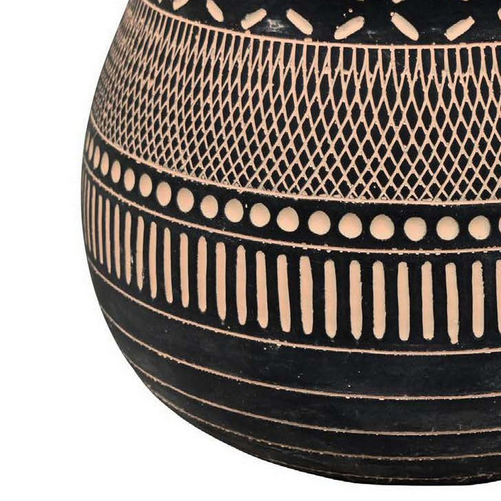 12 Inch Planter Resin Large Pot Shape Tribal Design Black and Beige By Casagear Home BM309883