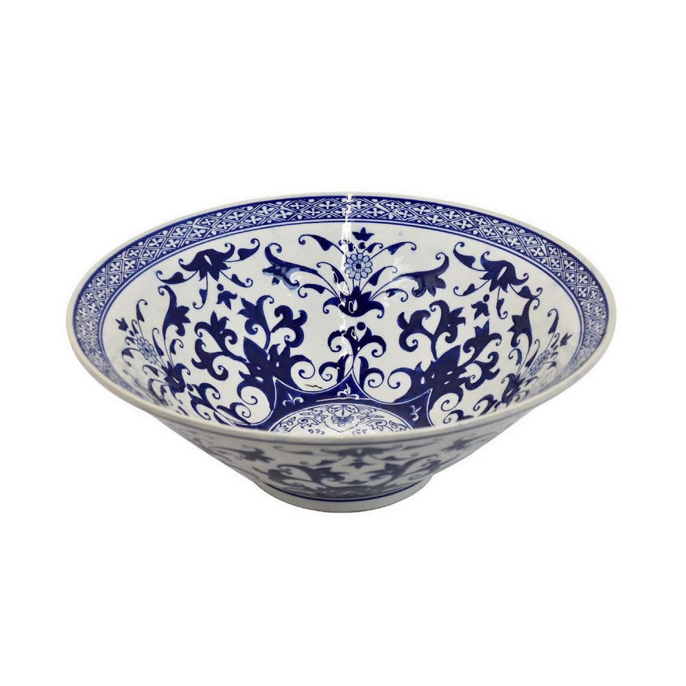 Cherry 16 Inch Decorative Bowl, Ceramic, Floral Design, Blue and White By Casagear Home