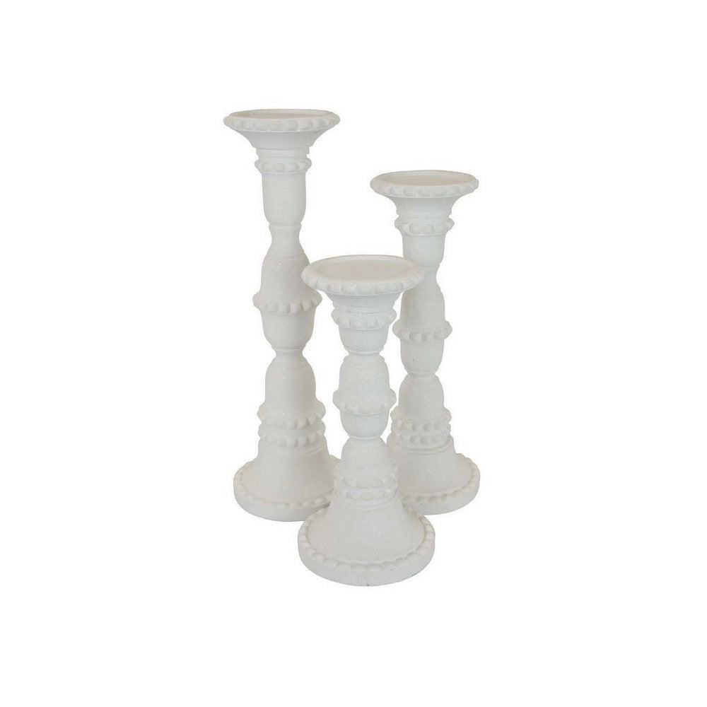 Accent Candle Holder Set of 3, Tall Pillars, Heavy Base, White Resin By Casagear Home