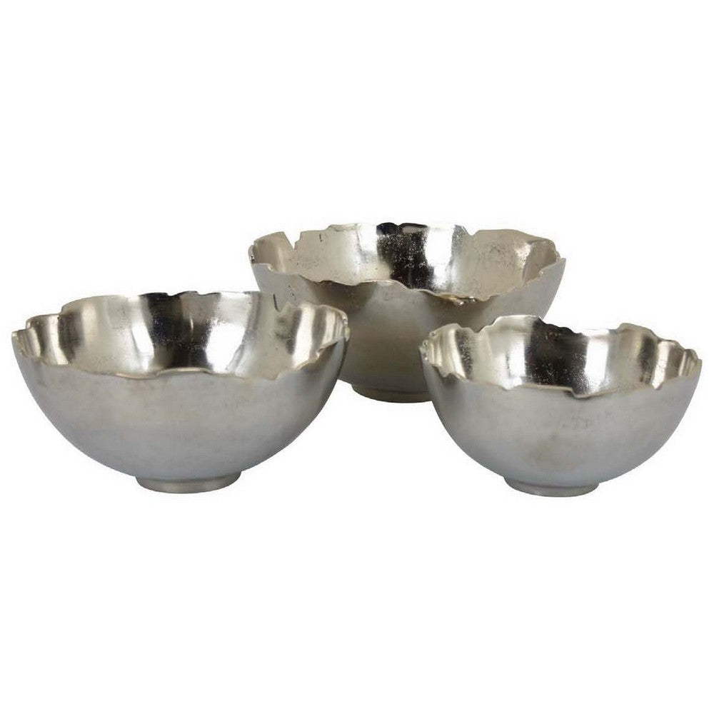 Bonz Set of 3 Bowls, Unique Top Shape, Round Base, Silver Metal Finish By Casagear Home