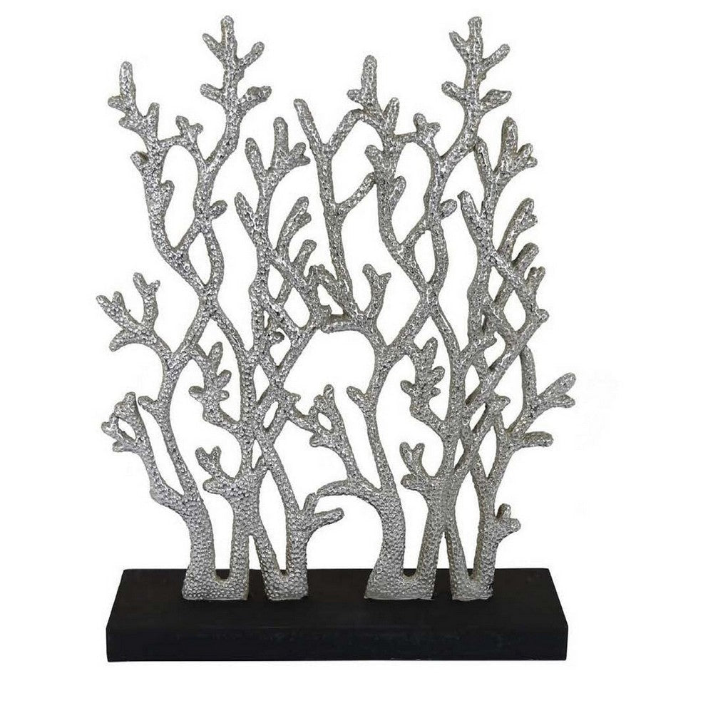 Spark 20 Inch Coral Table Top Decor, Coastal Design, Resin, Silver, Black By Casagear Home