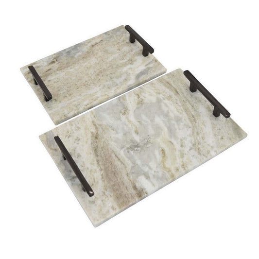 Entro Tray Set of 2, Rectangular Shape, 2 Gold Handles, White Finish Marble By Casagear Home