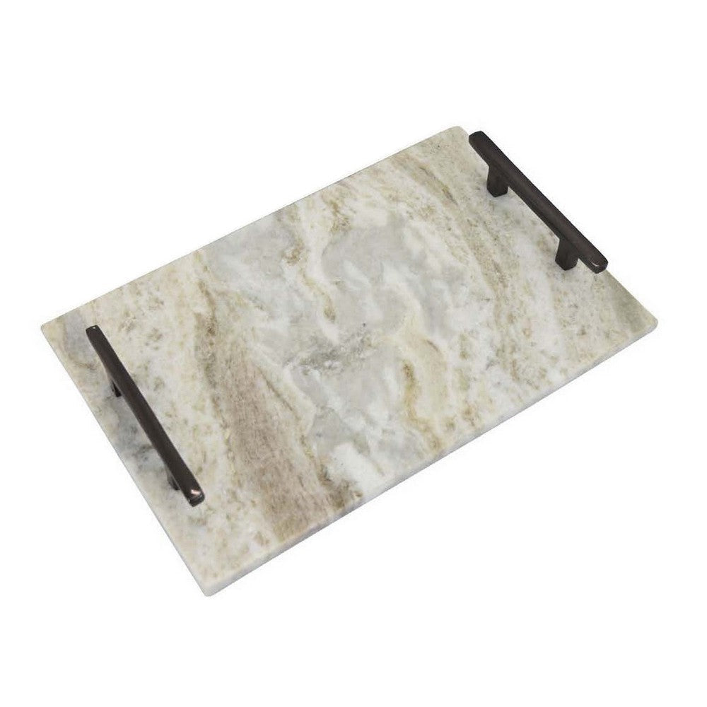 Entro Tray Set of 2 Rectangular Shape 2 Gold Handles White Finish Marble By Casagear Home BM310175