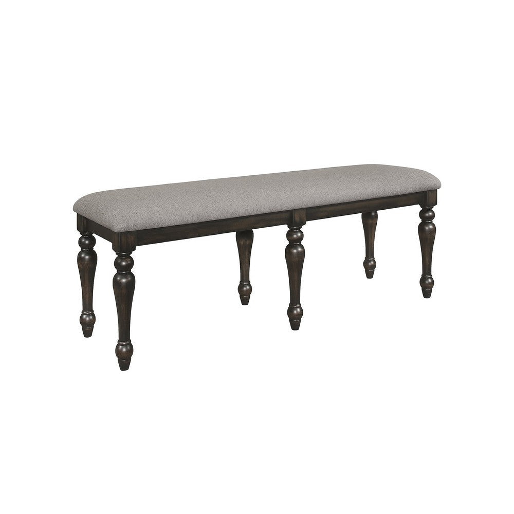 Lauren 52 Inch Bench, Classic Wood Frame, Cushioned Gray Fabric Upholstery By Casagear Home