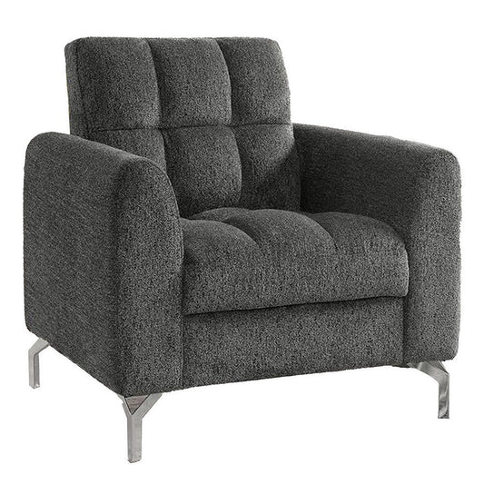 Lupe 35 Inch Chair, Biscuit Tufted, Chrome Legs, Gray Chenille Upholstery By Casagear Home