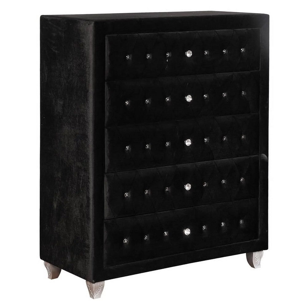 Zoha 49 Inch Tall Dresser Chest, 5 Drawer, Cabriole Legs, Black Fabric By Casagear Home