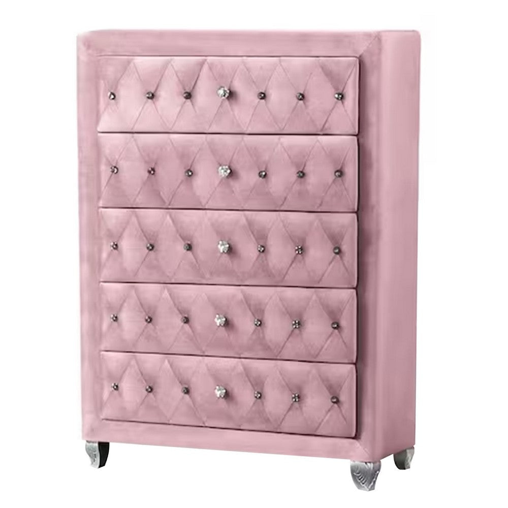 Zoha 49 Inch Tall Dresser Chest, 5 Drawer, Cabriole Legs, Pink Upholstery By Casagear Home