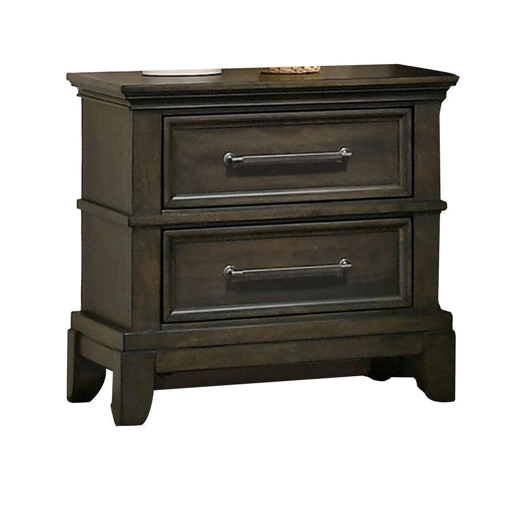 Ston 26 Inch Nightstand, 2 Drawers, Pewter Handles, Crown Mold, Wood, Gray By Casagear Home