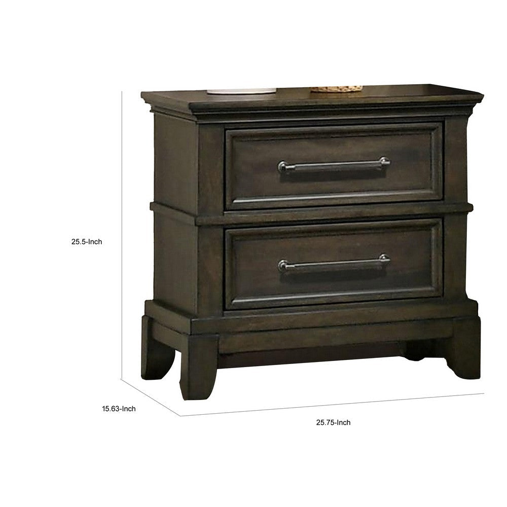 Ston 26 Inch Nightstand 2 Drawers Pewter Handles Crown Mold Wood Gray By Casagear Home BM310928