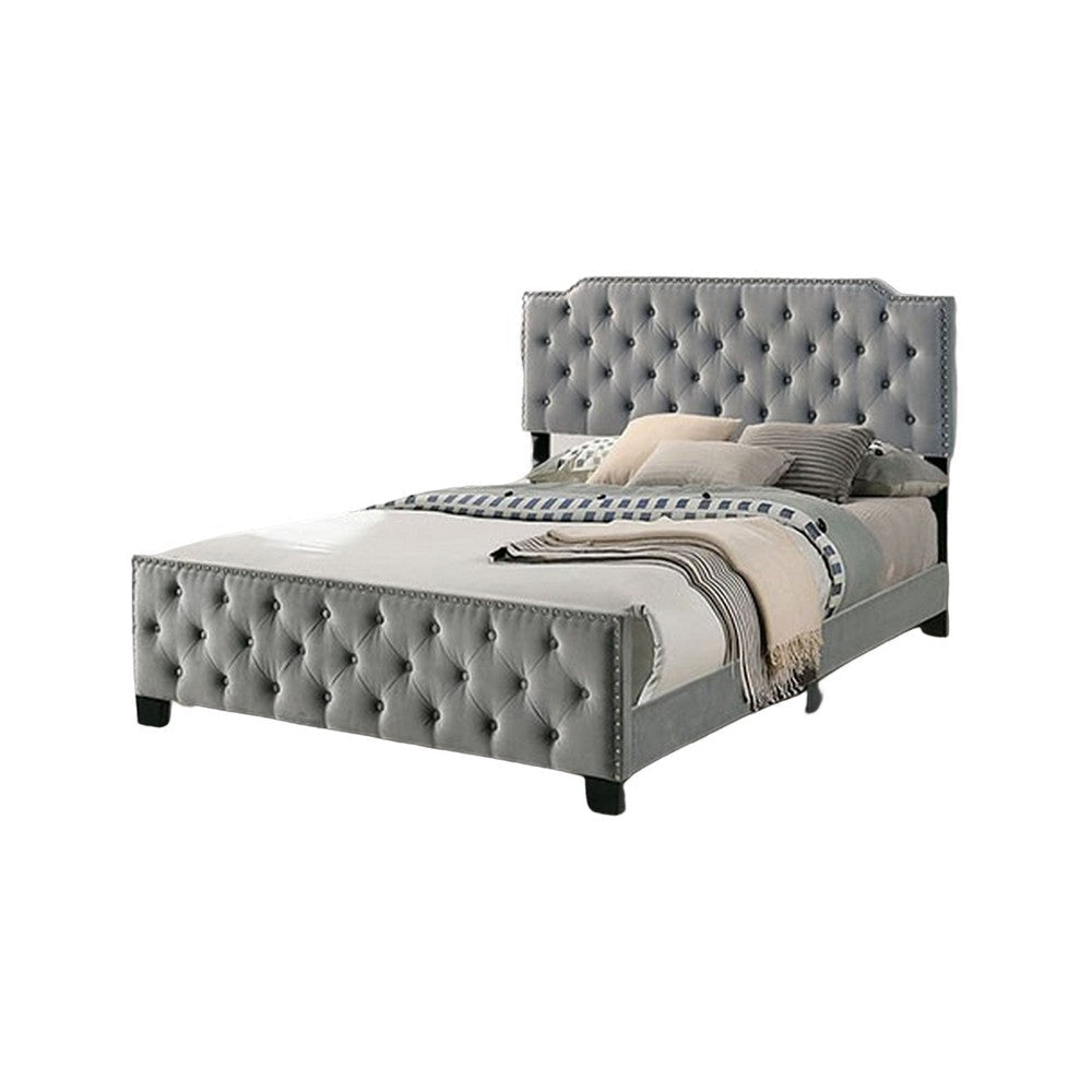 Agapi California King Bed, Button Tufted, Nailhead Trim, Gray Upholstery By Casagear Home