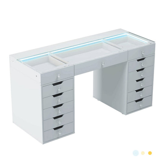 Niki 60 Inch Vanity Desk, 13 Drawers, USB Port, Glass Tabletop, White By Casagear Home