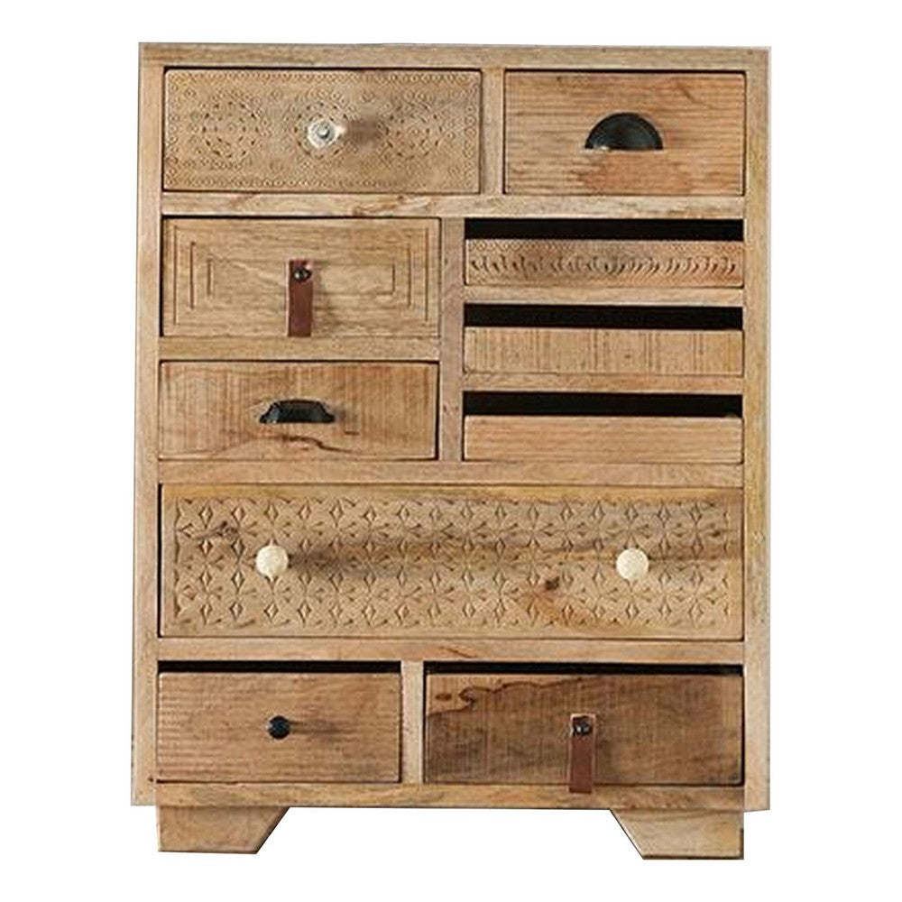 Blan 36 Inch Tall Dresser Chest, 10 Drawer, Natural Brown Mango Wood By Casagear Home