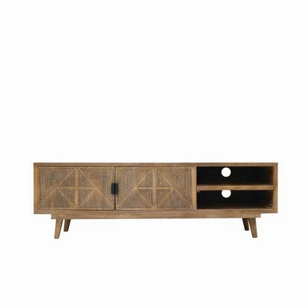 Zaha 56 Inch TV Media Console, 2 Door, Shelf, Mango Wood, Natural Brown By Casagear Home