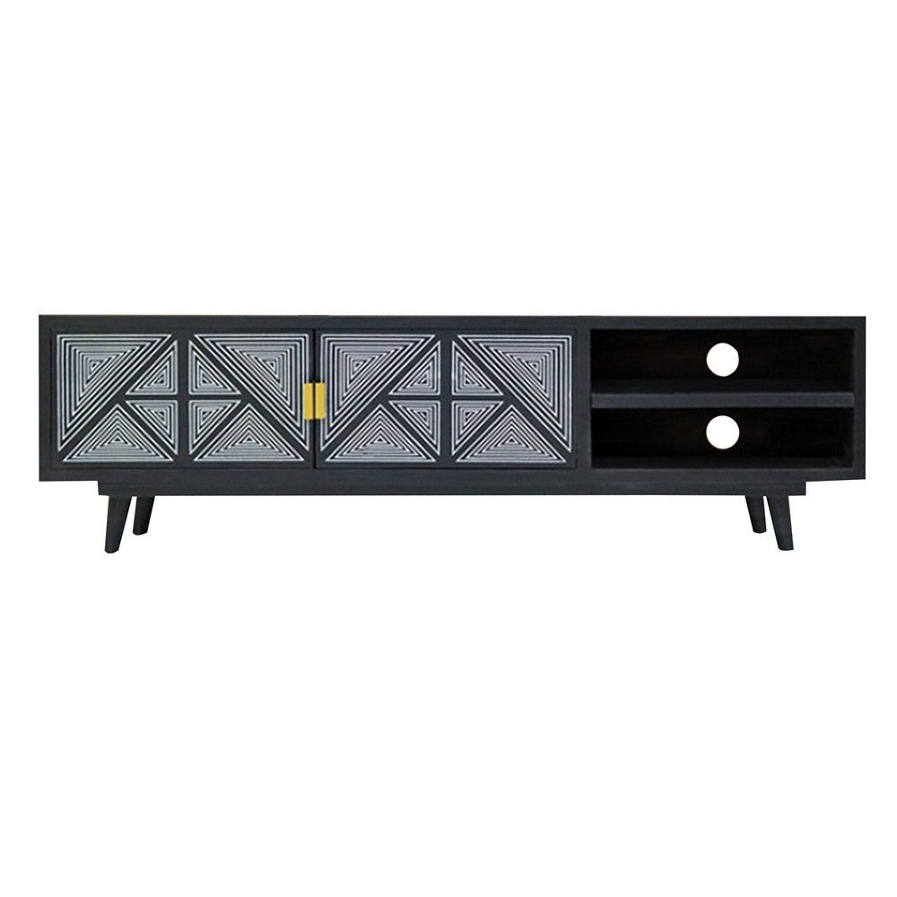 Zaha 56 Inch TV Media Console, 2 Door, Screen Print, Black Mango Wood By Casagear Home