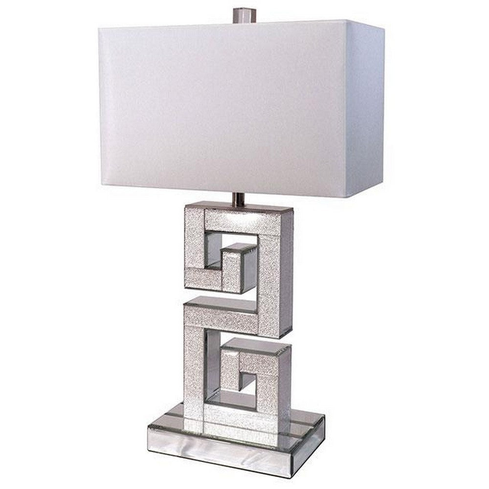 25 Inch Table Lamp, Glitter Panel, Frieze Base, Glass, Silver Metal Frame By Casagear Home