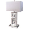 25 Inch Table Lamp, Glitter Panel, Frieze Base, Glass, Silver Metal Frame By Casagear Home