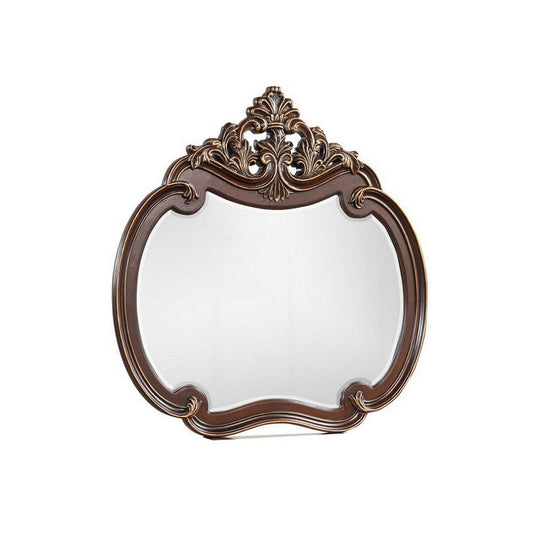 Mike 48 x 49 Buffet Mirror, Round Wood Frame Carved Crown Top, Cherry Brown By Casagear Home