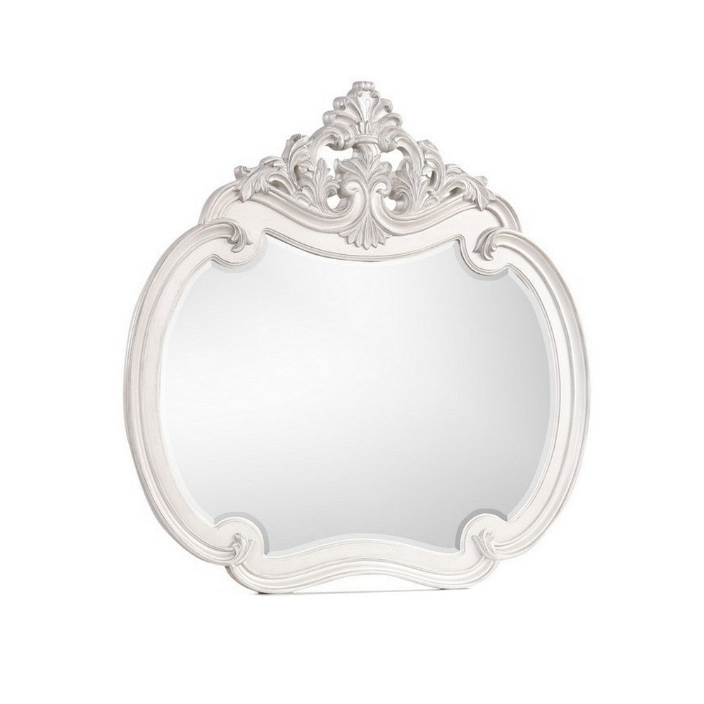 Hailey 48 x 49 Buffet Mirror, Round Wood Frame, Carved Crown Top, Mist Gray By Casagear Home