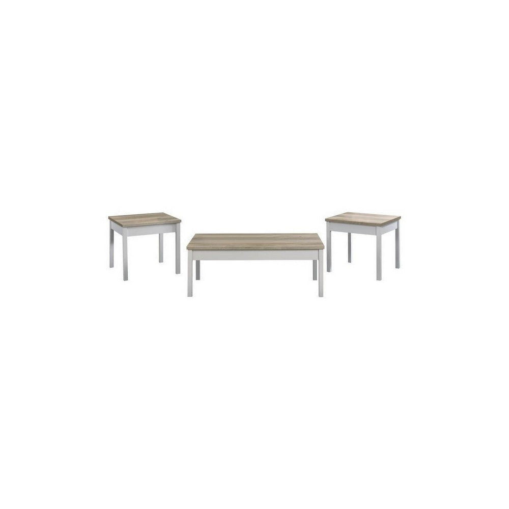 Jessie 3pc Coffee and End Table Set, Modern Light Brown Top, White Frame By Casagear Home