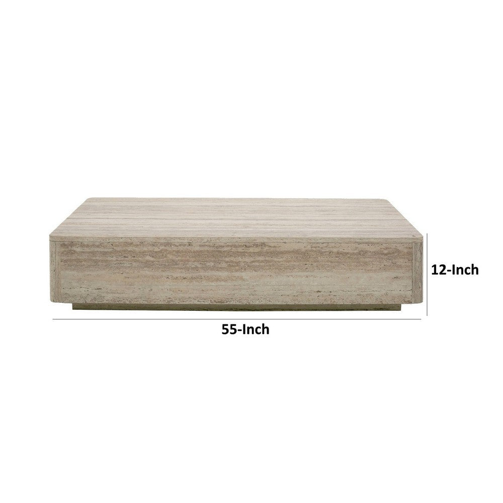 Lia 55 Inch Coffee Table Rectangular Travertine Stone Finish Laminated Top By Casagear Home BM311178