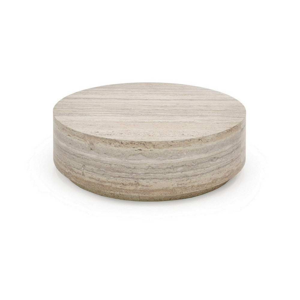 Lia 39 Inch Coffee Table, Round Travertine Stone Finish Laminated Top By Casagear Home