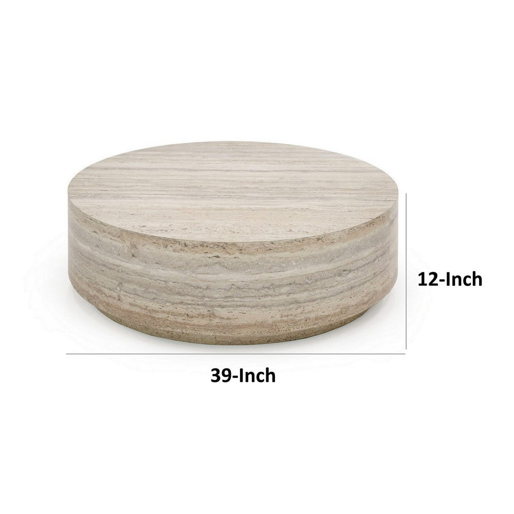 Lia 39 Inch Coffee Table Round Travertine Stone Finish Laminated Top By Casagear Home BM311180