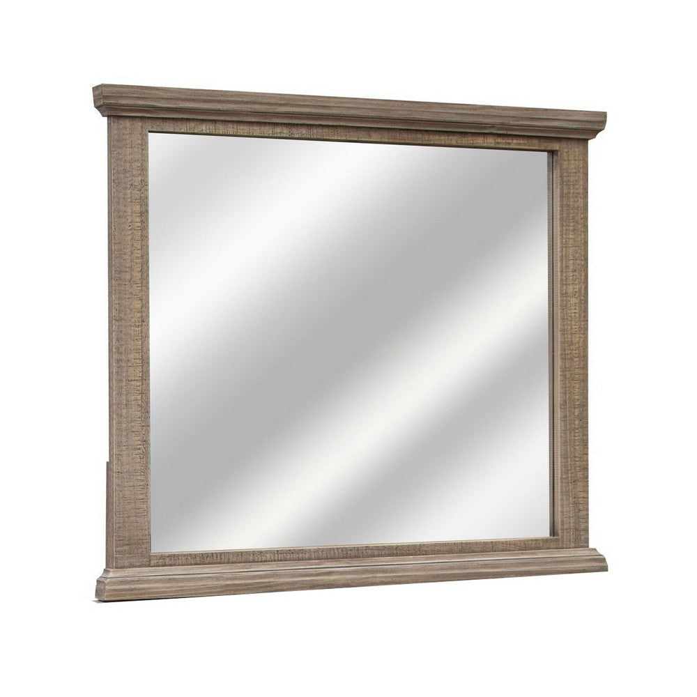 Tren 37 x 42 Dresser Mirror, Rectangular, Pine Wood, Gray, Grain Details By Casagear Home