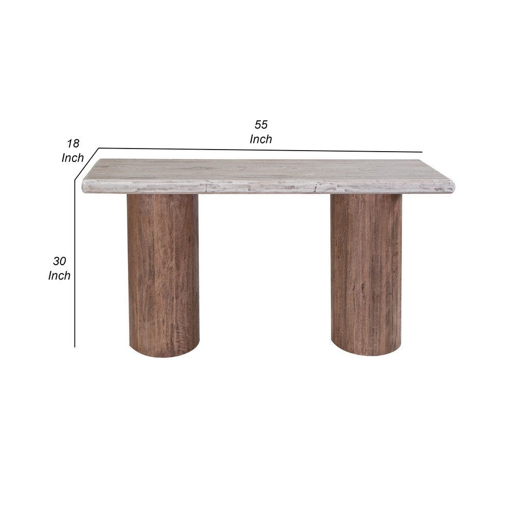 Kohl 55 Inch Sofa Table Brown Mango Wood Drum Base Cream Floated Top By Casagear Home BM311233