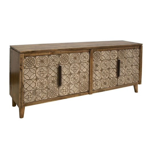 Vera 69 Inch Sideboard Console, Brown Pine Wood, 4 Doors, Geometric, Beige By Casagear Home